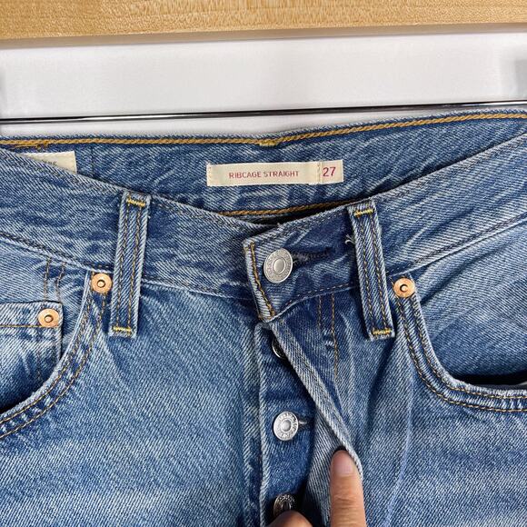 Levis Womens 27 Ribcage Straight Leg Jeans Button Fly Medium Rinse Wash Cotton - Picture 5 of 11